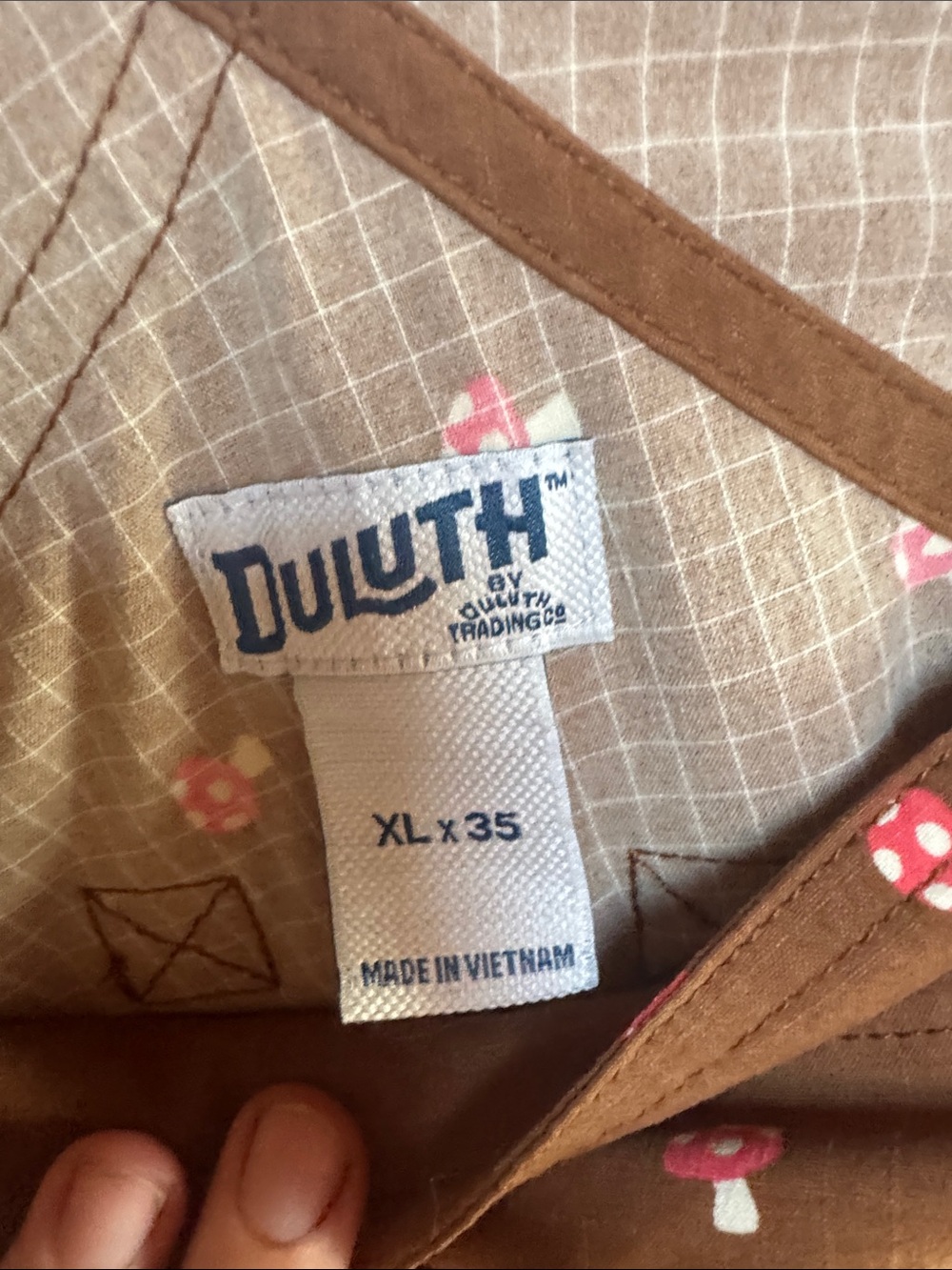 Duluth Trading Co Brown Floral Bib Overalls with Mushroom 🍄 Accents - Picture 2 of 3